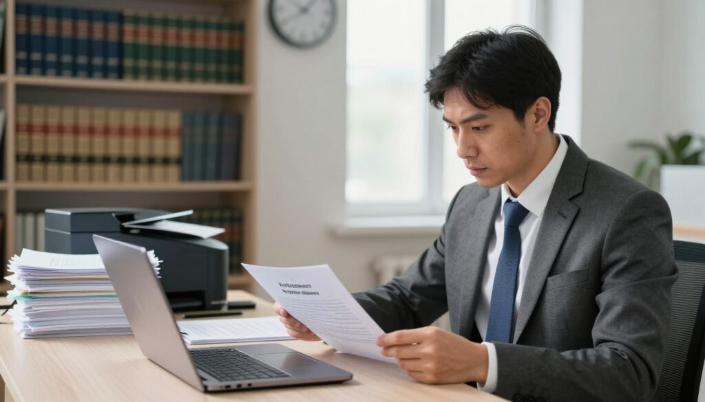A business office scene illustrating the concept of verifying a company in the Krajowy Rejestr Sądowy. In the foreground, a professional-looking individual in business attire is seated at a desk, examining documents on a laptop, focused on researching company information. In the middle ground, there are stacks of legal documents and a modern printer, adding context to the business environment. The background features shelves filled with law books and a wall clock subtly indicating the passage of time. The lighting is bright and natural, suggesting a productive work atmosphere, with soft shadows created by large windows. The overall mood is serious and engaging, emphasizing the importance of business verification. The composition should have a clear focus on the individual and their workspace, without any text or additional elements. A business office scene illustrating the concept of verifying a company in the Krajowy Rejestr Sądowy. In the foreground, a professional-looking individual in business attire is seated at a desk, examining documents on a laptop, focused on researching company information. In the middle ground, there are stacks of legal documents and a modern printer, adding context to the business environment. The background features shelves filled with law books and a wall clock subtly indicating the passage of time. The lighting is bright and natural, suggesting a productive work atmosphere, with soft shadows created by large windows. The overall mood is serious and engaging, emphasizing the importance of business verification. The composition should have a clear focus on the individual and their workspace, without any text or additional elements.