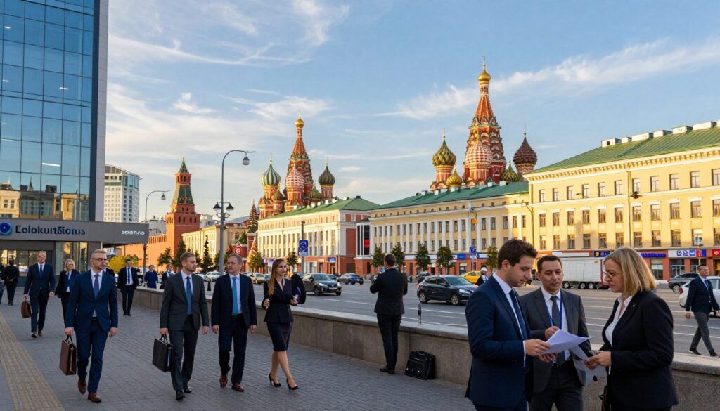 A bustling business district in Russia, featuring a mix of modern and traditional architecture, representing Polish and Austrian companies still operating there. In the foreground, include diverse professionals in business attire, engaged in conversations or examining documents, with briefcases and laptops nearby. The middle ground showcases renowned brand logos subtly integrated into shopfronts and office buildings, illustrating their presence. In the background, iconic Russian landmarks, such as the Kremlin or Saint Basil's Cathedral, can be seen, bathed in warm golden hour lighting that creates a vibrant yet professional atmosphere. The sky is blue with a few wispy clouds, enhancing the sense of a productive day in the Russian business landscape, with an emphasis on continuity and enterprise. A bustling business district in Russia, featuring a mix of modern and traditional architecture, representing Polish and Austrian companies still operating there. In the foreground, include diverse professionals in business attire, engaged in conversations or examining documents, with briefcases and laptops nearby. The middle ground showcases renowned brand logos subtly integrated into shopfronts and office buildings, illustrating their presence. In the background, iconic Russian landmarks, such as the Kremlin or Saint Basil's Cathedral, can be seen, bathed in warm golden hour lighting that creates a vibrant yet professional atmosphere. The sky is blue with a few wispy clouds, enhancing the sense of a productive day in the Russian business landscape, with an emphasis on continuity and enterprise.