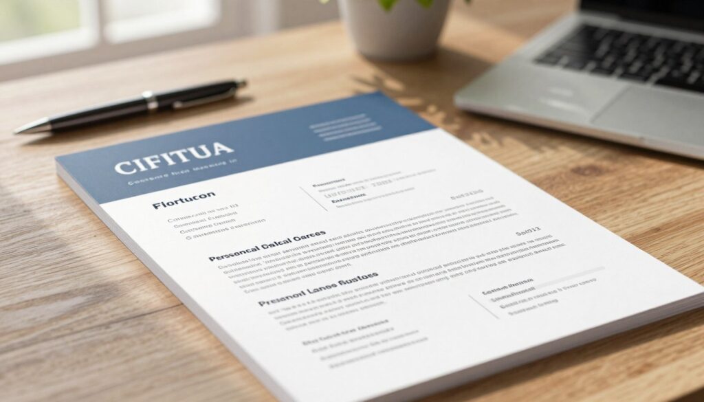 A close-up view of an elegant first page of a CV lying on a sleek wooden desk. The CV features a clean, professional layout with clearly defined sections such as contact information, a brief personal statement, and key skills. The color scheme is soft and modern, combining shades of blue and white. In the background, softly blurred, are business-related items like a stylish pen, a laptop, and a potted plant, contributing to a professional atmosphere. Warm, natural lighting filters through a nearby window, casting gentle shadows and highlighting the glossy sheen of the paper. The scene conveys a sense of ambition and professionalism, ideal for showcasing the essentials of an impactful CV. A close-up view of an elegant first page of a CV lying on a sleek wooden desk. The CV features a clean, professional layout with clearly defined sections such as contact information, a brief personal statement, and key skills. The color scheme is soft and modern, combining shades of blue and white. In the background, softly blurred, are business-related items like a stylish pen, a laptop, and a potted plant, contributing to a professional atmosphere. Warm, natural lighting filters through a nearby window, casting gentle shadows and highlighting the glossy sheen of the paper. The scene conveys a sense of ambition and professionalism, ideal for showcasing the essentials of an impactful CV.