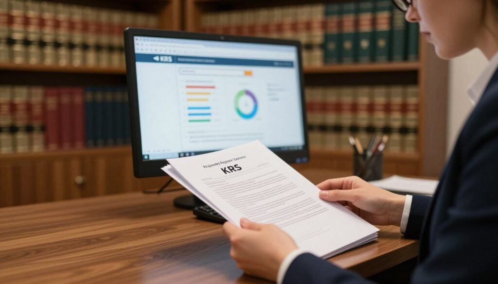 A close-up view of an elegant office setting featuring a polished wooden desk. In the foreground, a sophisticated businesswoman in professional attire is reviewing documents related to the Krajowy Rejestr Sądowy (National Court Register) with focus on a folder displaying the numeral “KRS” prominently. The middle ground includes a computer screen showing a digital interface of business data, charts, and a search function for KRS. In the background, a large bookshelf filled with legal books and business references adds depth. Soft, warm lighting illuminates the scene, creating a professional and inviting atmosphere. A shallow depth of field draws attention to the documents and the businesswoman, emphasizing the importance of corporate registration in Poland. A close-up view of an elegant office setting featuring a polished wooden desk. In the foreground, a sophisticated businesswoman in professional attire is reviewing documents related to the Krajowy Rejestr Sądowy (National Court Register) with focus on a folder displaying the numeral “KRS” prominently. The middle ground includes a computer screen showing a digital interface of business data, charts, and a search function for KRS. In the background, a large bookshelf filled with legal books and business references adds depth. Soft, warm lighting illuminates the scene, creating a professional and inviting atmosphere. A shallow depth of field draws attention to the documents and the businesswoman, emphasizing the importance of corporate registration in Poland.