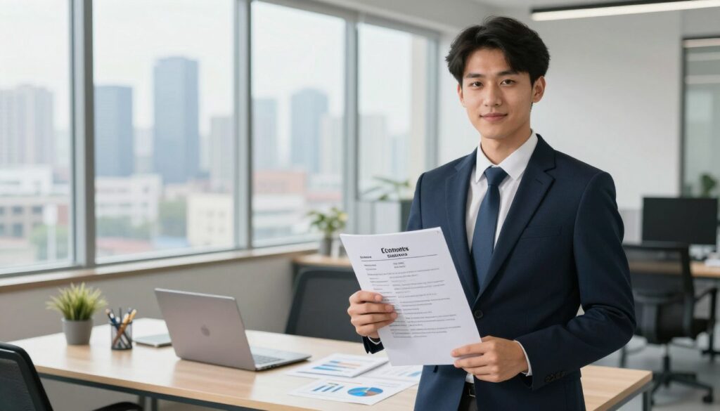 A confident young professional graduate in economics stands in the foreground, dressed in a smart business suit, holding a neatly organized resume and a laptop, symbolizing career readiness. In the middle ground, a modern office environment features a stylish desk with graphs and financial reports, representing analytical skills. The background showcases a city skyline through large windows, suggesting career opportunities. The lighting is bright and natural, streaming in from the windows, creating an optimistic atmosphere. The scene captures an air of ambition and professionalism, perfectly aligning with the theme of crafting a compelling career summary. The composition is shot from a slight angle, emphasizing depth and engagement without any people showing distractions or text elements. A confident young professional graduate in economics stands in the foreground, dressed in a smart business suit, holding a neatly organized resume and a laptop, symbolizing career readiness. In the middle ground, a modern office environment features a stylish desk with graphs and financial reports, representing analytical skills. The background showcases a city skyline through large windows, suggesting career opportunities. The lighting is bright and natural, streaming in from the windows, creating an optimistic atmosphere. The scene captures an air of ambition and professionalism, perfectly aligning with the theme of crafting a compelling career summary. The composition is shot from a slight angle, emphasizing depth and engagement without any people showing distractions or text elements.