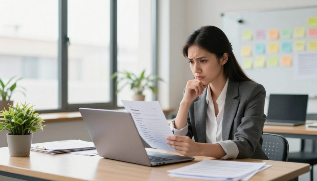 A creative workspace filled with various brainstorming materials, such as sticky notes, whiteboards, and laptops. In the foreground, a thoughtful businesswoman in professional attire is reviewing a list of company names on her laptop with a concerned expression. The middle ground features a cluttered table with papers and a plant adding a touch of green. In the background, large windows let in bright, natural light, creating a cheerful and inspirational atmosphere. The scene is crafted with a shallow depth of field to emphasize the businesswoman and her task, highlighting the challenge of finding an original company name when the chosen name is already taken. The overall mood is focused yet optimistic, suggesting creativity and problem-solving. A creative workspace filled with various brainstorming materials, such as sticky notes, whiteboards, and laptops. In the foreground, a thoughtful businesswoman in professional attire is reviewing a list of company names on her laptop with a concerned expression. The middle ground features a cluttered table with papers and a plant adding a touch of green. In the background, large windows let in bright, natural light, creating a cheerful and inspirational atmosphere. The scene is crafted with a shallow depth of field to emphasize the businesswoman and her task, highlighting the challenge of finding an original company name when the chosen name is already taken. The overall mood is focused yet optimistic, suggesting creativity and problem-solving.