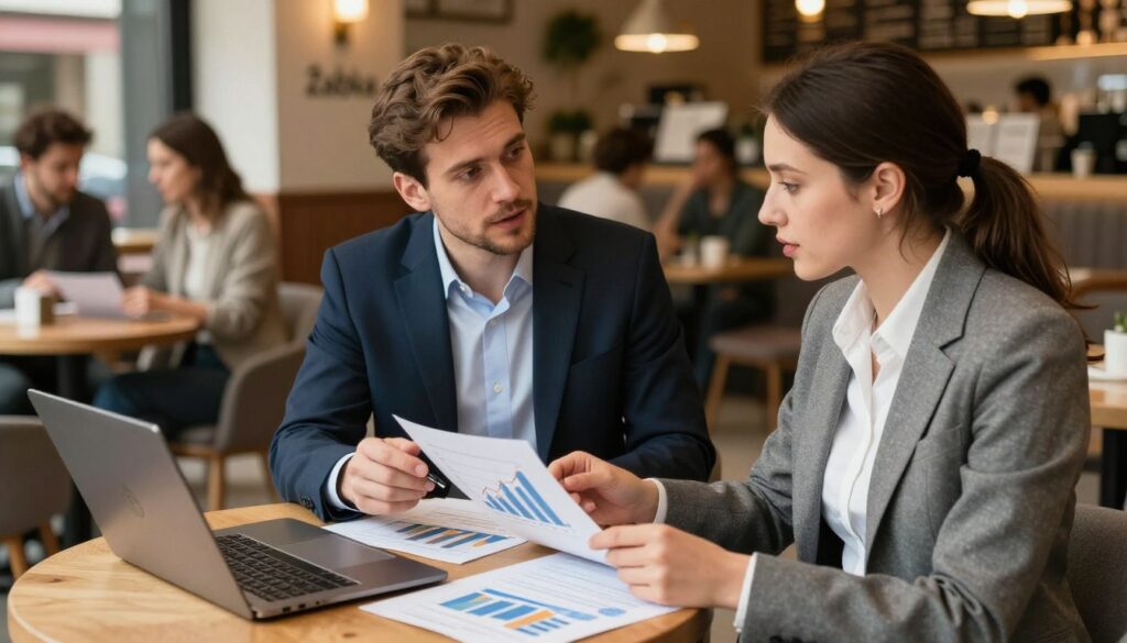 A detailed and engaging visual representation of a male and female franchisee of Żabka, both dressed in professional business attire, discussing financial charts and profit margins in a cozy, well-lit café. The foreground features a coffee table with charts and a laptop, showcasing growth figures in sales. In the middle, the franchisees are animatedly conversing, with expressions of focus and determination. The background is softly blurred, revealing a warm, inviting café atmosphere with people engaged in conversations and displaying Żabka branding subtly. The lighting is warm and inviting, creating an atmosphere of success and collaboration. The angle captures both the subjects and the dynamic surroundings, evoking a sense of entrepreneurial spirit and ambition in the context of franchise income. A detailed and engaging visual representation of a male and female franchisee of Żabka, both dressed in professional business attire, discussing financial charts and profit margins in a cozy, well-lit café. The foreground features a coffee table with charts and a laptop, showcasing growth figures in sales. In the middle, the franchisees are animatedly conversing, with expressions of focus and determination. The background is softly blurred, revealing a warm, inviting café atmosphere with people engaged in conversations and displaying Żabka branding subtly. The lighting is warm and inviting, creating an atmosphere of success and collaboration. The angle captures both the subjects and the dynamic surroundings, evoking a sense of entrepreneurial spirit and ambition in the context of franchise income.