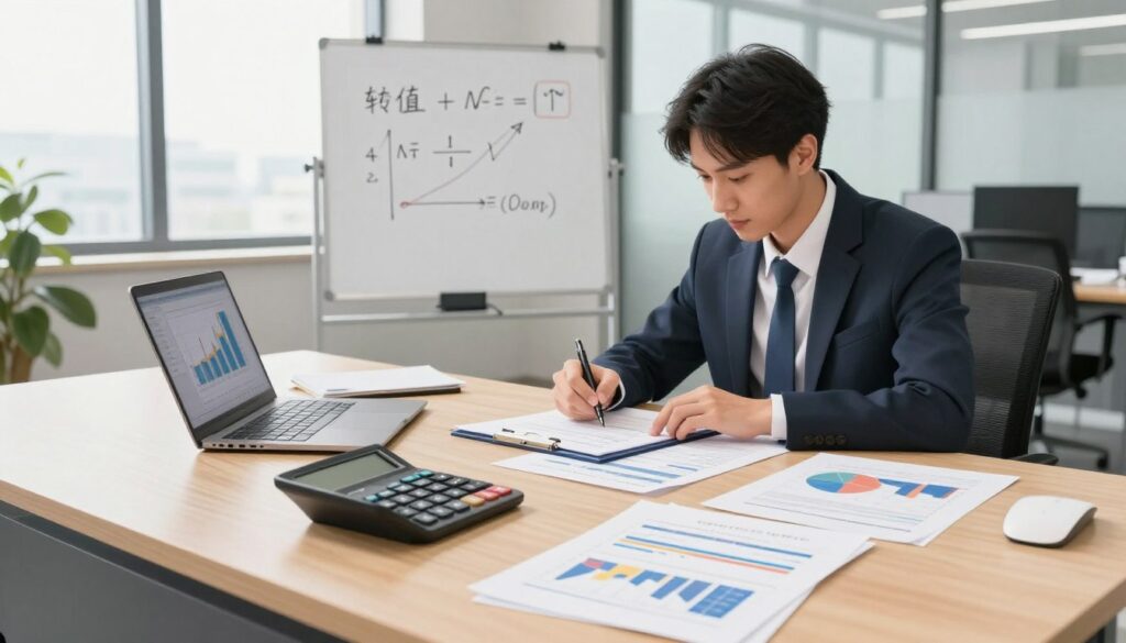 A detailed and professional illustration depicting the concept of calculating a company's turnover based on net value. In the foreground, a neatly arranged desk with a calculator, financial documents, and a laptop displaying graphs. The middle ground features a person in business attire, focused and engaged in calculations, surrounded by financial charts and a whiteboard with a simple formula for turnover calculation sketched out. The background depicts a modern office environment with large windows allowing natural light to flood the space, creating a bright and inviting atmosphere. Use warm lighting to emphasize a sense of professionalism and clarity. Capture the scene from a slightly elevated angle for a comprehensive view. The mood should be informative and productive, reflecting an engaging learning experience without any text or distractions. A detailed and professional illustration depicting the concept of calculating a company's turnover based on net value. In the foreground, a neatly arranged desk with a calculator, financial documents, and a laptop displaying graphs. The middle ground features a person in business attire, focused and engaged in calculations, surrounded by financial charts and a whiteboard with a simple formula for turnover calculation sketched out. The background depicts a modern office environment with large windows allowing natural light to flood the space, creating a bright and inviting atmosphere. Use warm lighting to emphasize a sense of professionalism and clarity. Capture the scene from a slightly elevated angle for a comprehensive view. The mood should be informative and productive, reflecting an engaging learning experience without any text or distractions.