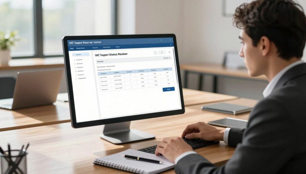 A detailed illustration of a digital screen displaying the VAT taxpayer status register. In the foreground, a professional business person in formal attire is intently examining the screen, with clear analytical expression on their face. The middle ground features a sleek, modern office workspace with a polished wooden desk and a laptop beside a notepad filled with notes and a pen. The background shows a large window with natural sunlight streaming in, casting soft shadows across the room, enhancing the focused atmosphere. Soft, warm lighting adds a professional yet approachable feel. The overall mood conveys diligence and precision in verifying tax status.