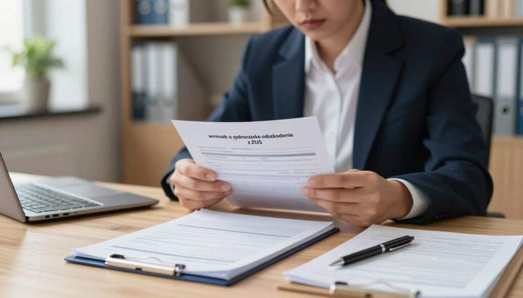 A detailed, professional scene depicting a "wniosek o jednorazowe odszkodowanie z ZUS" application form on a wooden desk. In the foreground, a neatly arranged paperwork stack includes the application form, a pen, and personal identification documents. The middle layer features a focused individual in professional business attire, diligently reviewing the application form with a concerned expression. In the background, a softly blurred office environment with shelves of files and a potted plant adds to the atmosphere of professionalism and seriousness. Warm, natural lighting filters through a window, creating a calm and inviting environment. The composition conveys a sense of urgency and diligence in preparing essential documents for ZUS. A detailed, professional scene depicting a "wniosek o jednorazowe odszkodowanie z ZUS" application form on a wooden desk. In the foreground, a neatly arranged paperwork stack includes the application form, a pen, and personal identification documents. The middle layer features a focused individual in professional business attire, diligently reviewing the application form with a concerned expression. In the background, a softly blurred office environment with shelves of files and a potted plant adds to the atmosphere of professionalism and seriousness. Warm, natural lighting filters through a window, creating a calm and inviting environment. The composition conveys a sense of urgency and diligence in preparing essential documents for ZUS.