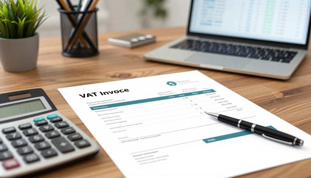 A detailed visual representation of a VAT client invoice on a white background, showcasing elements like a cleanly printed document with a header containing "VAT Invoice" and a series of well-organized lines indicating services rendered and payment information. In the foreground, a modern calculator displaying numbers and a sleek pen resting beside the invoice. In the middle, an elegant office setting with a polished wooden desk, a laptop open to a financial dashboard, and a small potted plant for a touch of greenery. The background features blurred office supplies, creating a professional atmosphere. Soft, natural lighting enhances the clarity of the document, capturing a focused and diligent mood, emphasizing the importance of verifying VAT status. No text or watermarks present.