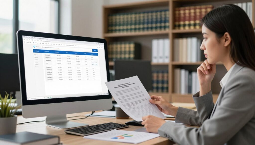 A detailed workspace featuring a computer screen displaying a judicial register search interface in a modern office setting. In the foreground, a professional woman in business attire is intently analyzing company information, her expression focused and thoughtful. The middle ground showcases papers and charts related to company data like registration numbers and important legal details. The background includes a sleek, well-organized office with bookshelves filled with legal texts and a large window allowing natural light to brighten the space. Utilize soft, warm lighting to create an inviting atmosphere, capturing the essence of thoroughness and professionalism in legal research. A wide-angle perspective emphasizes the workspace aesthetic. A detailed workspace featuring a computer screen displaying a judicial register search interface in a modern office setting. In the foreground, a professional woman in business attire is intently analyzing company information, her expression focused and thoughtful. The middle ground showcases papers and charts related to company data like registration numbers and important legal details. The background includes a sleek, well-organized office with bookshelves filled with legal texts and a large window allowing natural light to brighten the space. Utilize soft, warm lighting to create an inviting atmosphere, capturing the essence of thoroughness and professionalism in legal research. A wide-angle perspective emphasizes the workspace aesthetic.