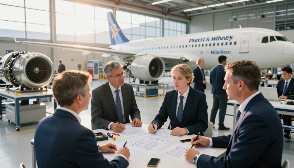 A diverse group of aircraft mechanics wearing professional business attire, actively engaging in discussions about salaries at an aerospace facility, specifically Pratt & Whitney, PZL Mielec, and WSK Świdnik. The image's foreground features focused individuals with tools and blueprints, capturing their expertise. In the middle ground, an array of modern aircraft engines displayed on workbenches symbolizes the advanced technology they work with. The background showcases the sleek architecture of the aerospace buildings, with large windows letting in warm sunlight that casts a professional glow over the scene. The atmosphere feels industrious yet collaborative, highlighting the importance of skilled labor in the aviation sector. The angle is slightly elevated, offering a comprehensive view of the workspace dynamics. A diverse group of aircraft mechanics wearing professional business attire, actively engaging in discussions about salaries at an aerospace facility, specifically Pratt & Whitney, PZL Mielec, and WSK Świdnik. The image's foreground features focused individuals with tools and blueprints, capturing their expertise. In the middle ground, an array of modern aircraft engines displayed on workbenches symbolizes the advanced technology they work with. The background showcases the sleek architecture of the aerospace buildings, with large windows letting in warm sunlight that casts a professional glow over the scene. The atmosphere feels industrious yet collaborative, highlighting the importance of skilled labor in the aviation sector. The angle is slightly elevated, offering a comprehensive view of the workspace dynamics.