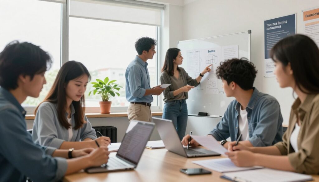 A diverse group of university students gathered in a modern, brightly lit office space, engaged in a professional internship setting. In the foreground, a focused young woman notes down information on her laptop, while a young man next to her reviews documents. In the middle ground, a mentor figure pointing at a project on a whiteboard, providing guidance and advice. The background features large windows allowing natural light to flood the room, plants on windowsills, and motivational posters about internships and learning. The atmosphere is one of productivity and collaboration, capturing the essence of the internship experience. The scene should be warm and inviting, with a slight blur effect to emphasize the characters in action. A diverse group of university students gathered in a modern, brightly lit office space, engaged in a professional internship setting. In the foreground, a focused young woman notes down information on her laptop, while a young man next to her reviews documents. In the middle ground, a mentor figure pointing at a project on a whiteboard, providing guidance and advice. The background features large windows allowing natural light to flood the room, plants on windowsills, and motivational posters about internships and learning. The atmosphere is one of productivity and collaboration, capturing the essence of the internship experience. The scene should be warm and inviting, with a slight blur effect to emphasize the characters in action.