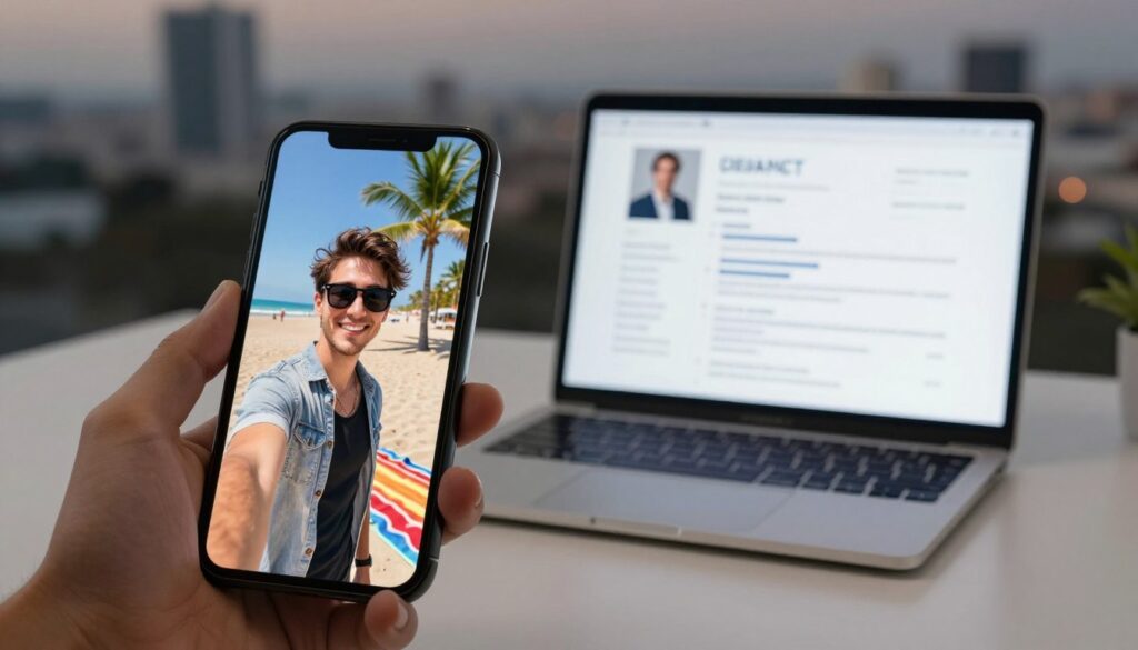 A divided scene illustrating the contrast between inappropriate and suitable photos for a CV. In the foreground, a smartphone held at arm's length captures a selfie of a casually dressed individual, smiling under bright vacation sunshine, with a beach in the background, palm trees swaying and colorful beach towels laid out. They are wearing sunglasses and a relaxed summer outfit. In the middle, contrasting this carefree vibe, a clean and minimalist workspace with an open laptop clearly displaying a professional CV, the screen glowing softly with subtle ambient lighting. In the background, blurred outlines of a cityscape at dusk, hinting at a professional environment. The mood conveys professionalism versus casualness, emphasizing why vacation selfies are inappropriate for CVs. Always serene and balanced lighting, as well as a shallow depth of field to focus on the contrasting elements. A divided scene illustrating the contrast between inappropriate and suitable photos for a CV. In the foreground, a smartphone held at arm's length captures a selfie of a casually dressed individual, smiling under bright vacation sunshine, with a beach in the background, palm trees swaying and colorful beach towels laid out. They are wearing sunglasses and a relaxed summer outfit. In the middle, contrasting this carefree vibe, a clean and minimalist workspace with an open laptop clearly displaying a professional CV, the screen glowing softly with subtle ambient lighting. In the background, blurred outlines of a cityscape at dusk, hinting at a professional environment. The mood conveys professionalism versus casualness, emphasizing why vacation selfies are inappropriate for CVs. Always serene and balanced lighting, as well as a shallow depth of field to focus on the contrasting elements.