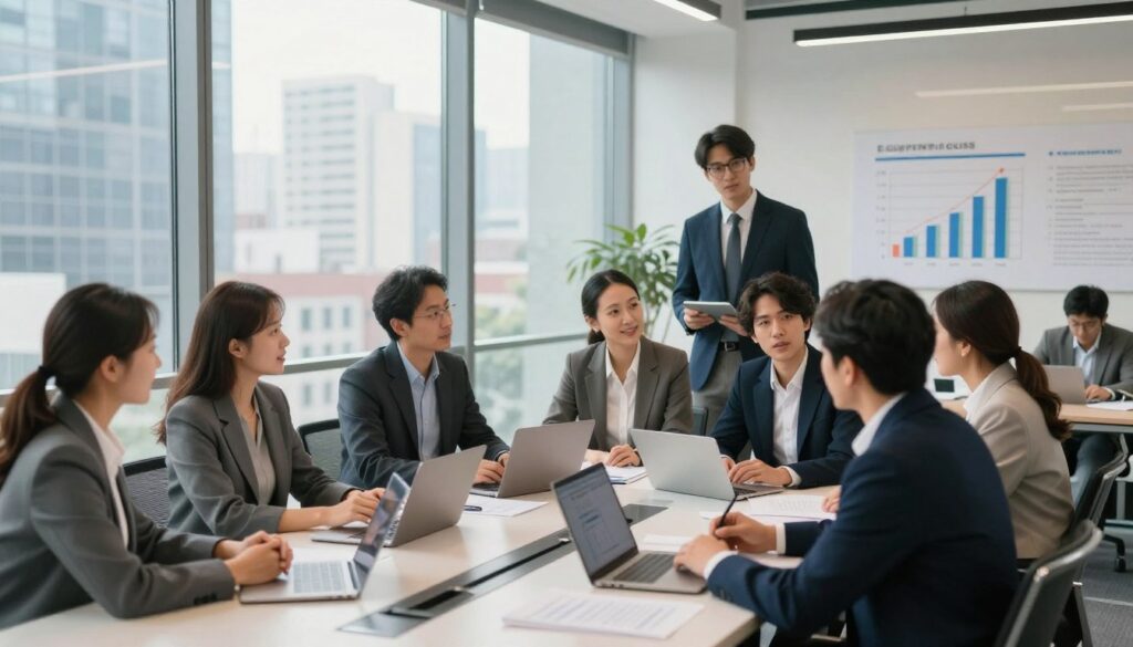 A dynamic office environment depicting the role of the middle class in the job market and economy. In the foreground, a diverse group of professionals in business attire—men and women of various ethnicities—are engaged in a collaborative discussion around a conference table filled with documents and digital devices. The middle ground features large glass windows revealing a bustling cityscape, symbolizing economic activity. In the background, a chart visible on the wall highlights employment statistics, representing the impact of the middle class. Soft, natural light streams in from the windows, creating a bright, optimistic atmosphere. The perspective is slightly wide angle, providing a comprehensive view of this vibrant workplace. The overall mood is professional and forward-looking, indicative of growth and opportunity in the middle class sector. A dynamic office environment depicting the role of the middle class in the job market and economy. In the foreground, a diverse group of professionals in business attire—men and women of various ethnicities—are engaged in a collaborative discussion around a conference table filled with documents and digital devices. The middle ground features large glass windows revealing a bustling cityscape, symbolizing economic activity. In the background, a chart visible on the wall highlights employment statistics, representing the impact of the middle class. Soft, natural light streams in from the windows, creating a bright, optimistic atmosphere. The perspective is slightly wide angle, providing a comprehensive view of this vibrant workplace. The overall mood is professional and forward-looking, indicative of growth and opportunity in the middle class sector.