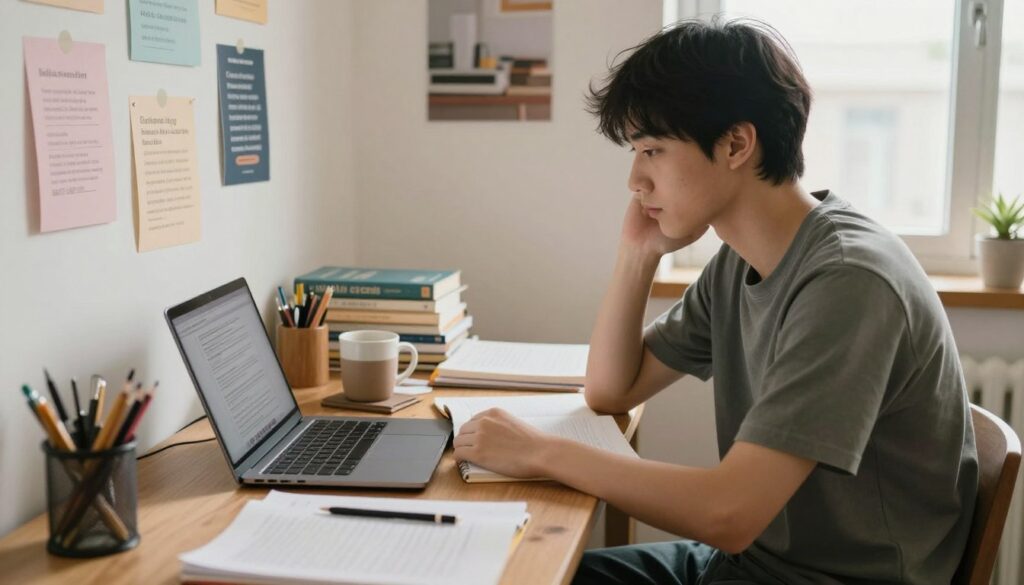 A focused student preparing for exams in a study space, seated at a cluttered wooden desk filled with textbooks, notebooks, and stationery. The foreground features a laptop open with study materials displayed. In the middle, there are coffee mugs and motivational posters on the wall, adding a personal touch. In the background, a window lets in soft, natural light, creating an inviting and warm atmosphere. The scene captures an intense yet serene mood, encouraging concentration and productivity. A well-dressed individual, with a thoughtful expression, is engaged in studying, dressed in modest casual clothing. The image is framed in a slightly angled view to enhance depth, focusing on the process of studying effectively. A focused student preparing for exams in a study space, seated at a cluttered wooden desk filled with textbooks, notebooks, and stationery. The foreground features a laptop open with study materials displayed. In the middle, there are coffee mugs and motivational posters on the wall, adding a personal touch. In the background, a window lets in soft, natural light, creating an inviting and warm atmosphere. The scene captures an intense yet serene mood, encouraging concentration and productivity. A well-dressed individual, with a thoughtful expression, is engaged in studying, dressed in modest casual clothing. The image is framed in a slightly angled view to enhance depth, focusing on the process of studying effectively.