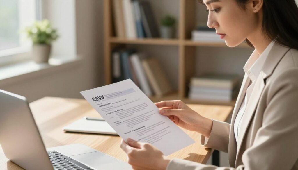 A focused workspace featuring a desk with a neatly organized CV document, illuminated by warm, natural light streaming in from a nearby window. In the foreground, a professional woman in business attire is intently reviewing the CV, her expression one of concentration and diligence. The background shows a cozy office environment with bookshelves filled with career development books and a potted plant adding a touch of greenery. The lens captures the scene from a slight angle, emphasizing the woman's meticulous attention to detail. The atmosphere should convey a sense of preparation and professionalism, highlighting the importance of checking a CV before submission to an employer. A focused workspace featuring a desk with a neatly organized CV document, illuminated by warm, natural light streaming in from a nearby window. In the foreground, a professional woman in business attire is intently reviewing the CV, her expression one of concentration and diligence. The background shows a cozy office environment with bookshelves filled with career development books and a potted plant adding a touch of greenery. The lens captures the scene from a slight angle, emphasizing the woman's meticulous attention to detail. The atmosphere should convey a sense of preparation and professionalism, highlighting the importance of checking a CV before submission to an employer.