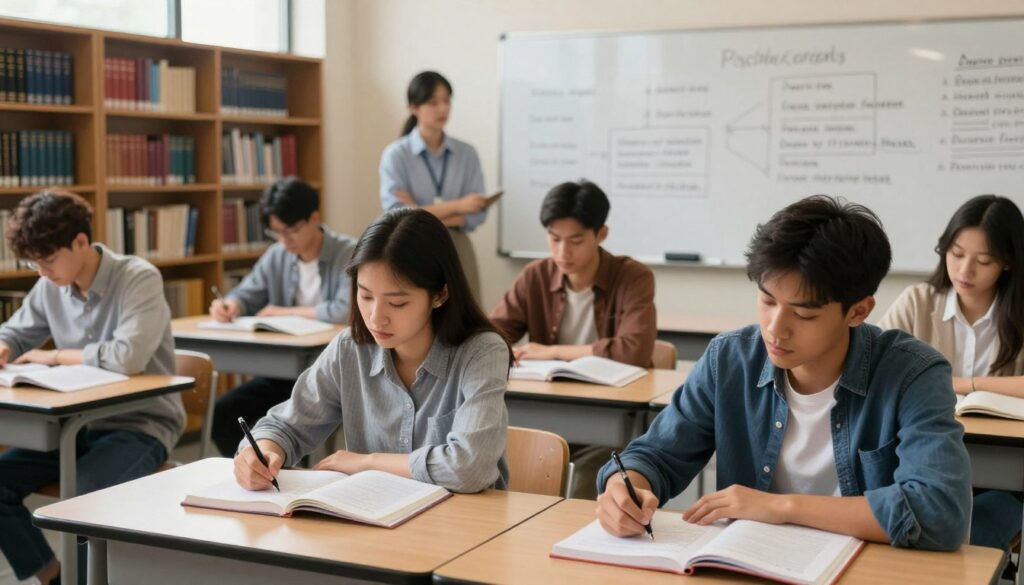 A group of diverse psychology students in a university classroom during an exam. In the foreground, two students are focused on writing, surrounded by textbooks and notes, showcasing expressions of concentration and determination. In the middle, a lecturer is observing from the side, providing a supportive presence, with a whiteboard displaying key psychological concepts. The background features bookshelves filled with psychology literature and a large window allowing natural light to fill the room, enhancing the atmosphere of a serious yet intellectually stimulating environment. The lighting is warm and inviting, creating a motivating ambiance. The image captures the essence of academic challenge and the pursuit of knowledge in psychology. A group of diverse psychology students in a university classroom during an exam. In the foreground, two students are focused on writing, surrounded by textbooks and notes, showcasing expressions of concentration and determination. In the middle, a lecturer is observing from the side, providing a supportive presence, with a whiteboard displaying key psychological concepts. The background features bookshelves filled with psychology literature and a large window allowing natural light to fill the room, enhancing the atmosphere of a serious yet intellectually stimulating environment. The lighting is warm and inviting, creating a motivating ambiance. The image captures the essence of academic challenge and the pursuit of knowledge in psychology.