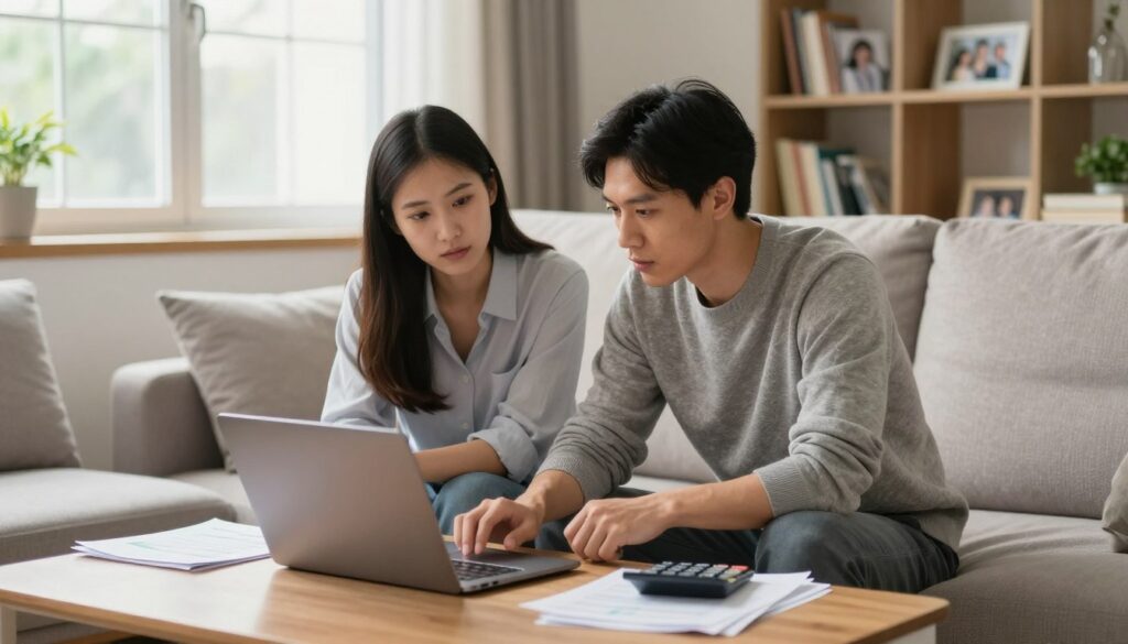 A modern living room in a middle-class household, featuring a family of three engaged in a discussion about household finances. In the foreground, a couple (man and woman) are seated on a comfortable sofa, looking at a laptop on a coffee table filled with documents and a calculator. The woman wears a smart casual shirt, while the man is in a neat sweater. In the background, a window lets in soft, warm natural light, illuminating a bookshelf filled with financial books and a few family photos. The atmosphere is focused and collaborative, with a sense of seriousness about budgeting. The room should be styled in neutral colors, conveying a cozy yet professional feel, captured with a slightly blurred background to emphasize the discussion in the foreground. A modern living room in a middle-class household, featuring a family of three engaged in a discussion about household finances. In the foreground, a couple (man and woman) are seated on a comfortable sofa, looking at a laptop on a coffee table filled with documents and a calculator. The woman wears a smart casual shirt, while the man is in a neat sweater. In the background, a window lets in soft, warm natural light, illuminating a bookshelf filled with financial books and a few family photos. The atmosphere is focused and collaborative, with a sense of seriousness about budgeting. The room should be styled in neutral colors, conveying a cozy yet professional feel, captured with a slightly blurred background to emphasize the discussion in the foreground.