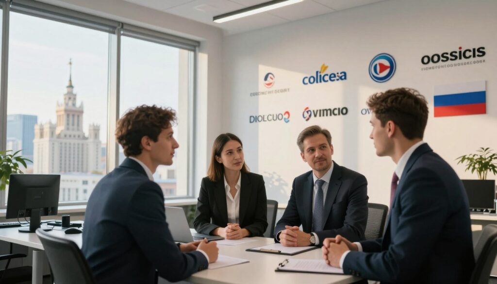 A modern office environment highlighting international companies operating in Russia. In the foreground, a diverse group of three business professionals in formal attire, engaged in a discussion, showcasing collaboration. In the middle ground, several recognizable logos of major global brands on sleek office walls, symbolizing their continued presence in Russia. The background features large windows showing an urban skyline with notable Russian architecture, bathed in warm, natural light, creating an optimistic and professional atmosphere. The scene captures a sense of continuity and resilience in international business amidst a shifting landscape, shot from a low angle to emphasize the companies' stature. A modern office environment highlighting international companies operating in Russia. In the foreground, a diverse group of three business professionals in formal attire, engaged in a discussion, showcasing collaboration. In the middle ground, several recognizable logos of major global brands on sleek office walls, symbolizing their continued presence in Russia. The background features large windows showing an urban skyline with notable Russian architecture, bathed in warm, natural light, creating an optimistic and professional atmosphere. The scene captures a sense of continuity and resilience in international business amidst a shifting landscape, shot from a low angle to emphasize the companies' stature.