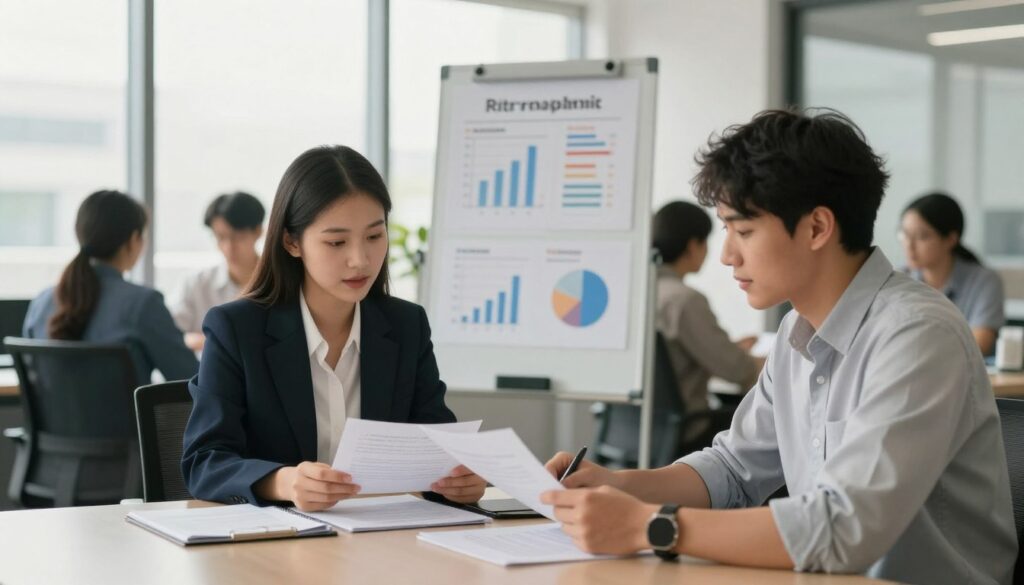A modern office environment with a diverse group of young professionals engaged in a discussion about internship terms and salaries. In the foreground, two individuals, a young woman in a smart business suit and a young man in a casual but professional shirt, are reviewing documents on a sleek table. In the middle, a whiteboard filled with charts and graphs illustrating salary ranges and factors affecting pay is visible. In the background, large windows allow soft, natural light to flood the room, creating a warm and inviting atmosphere. The mood is focused yet collaborative, highlighting the important conversations around determining internship conditions and compensation. Use a slight overhead angle to capture both the participants and the reflective light from the windows. A modern office environment with a diverse group of young professionals engaged in a discussion about internship terms and salaries. In the foreground, two individuals, a young woman in a smart business suit and a young man in a casual but professional shirt, are reviewing documents on a sleek table. In the middle, a whiteboard filled with charts and graphs illustrating salary ranges and factors affecting pay is visible. In the background, large windows allow soft, natural light to flood the room, creating a warm and inviting atmosphere. The mood is focused yet collaborative, highlighting the important conversations around determining internship conditions and compensation. Use a slight overhead angle to capture both the participants and the reflective light from the windows.