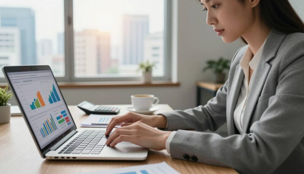 A modern office workspace featuring a professional woman in business attire, intently analyzing financial data on a laptop. In the foreground, a close-up of the laptop screen displaying colorful graphs and charts representing income sources. In the middle ground, a clutter-free desk with financial documents, a calculator, and a cup of coffee, conveying a sense of focus and diligence. The background includes large windows with natural light streaming in, highlighting a vibrant city skyline. The atmosphere is one of determination and resourcefulness, illustrating the theme of investigating a company's income in a setting that encourages productivity and professional inquiry. Use soft, warm lighting to create an inviting environment. A modern office workspace featuring a professional woman in business attire, intently analyzing financial data on a laptop. In the foreground, a close-up of the laptop screen displaying colorful graphs and charts representing income sources. In the middle ground, a clutter-free desk with financial documents, a calculator, and a cup of coffee, conveying a sense of focus and diligence. The background includes large windows with natural light streaming in, highlighting a vibrant city skyline. The atmosphere is one of determination and resourcefulness, illustrating the theme of investigating a company's income in a setting that encourages productivity and professional inquiry. Use soft, warm lighting to create an inviting environment.