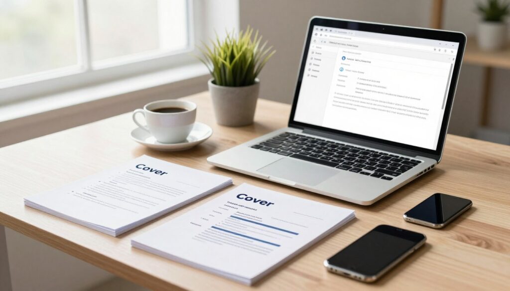 A neatly arranged desk in a modern office setting, featuring a laptop open with an email draft visible on the screen, showing a professional layout for sending a CV. In the foreground, a pair of well-organized business documents including a CV and a cover letter are placed next to a smartphone. The middle ground reveals a potted plant and a cup of coffee, enhancing the workspace atmosphere. The background shows a bright window with soft, natural light streaming in, illuminating the scene and creating a warm, inviting mood. The overall aesthetic is professional and polished, conveying the theme of a thoughtful job application. No people are depicted in this image. A neatly arranged desk in a modern office setting, featuring a laptop open with an email draft visible on the screen, showing a professional layout for sending a CV. In the foreground, a pair of well-organized business documents including a CV and a cover letter are placed next to a smartphone. The middle ground reveals a potted plant and a cup of coffee, enhancing the workspace atmosphere. The background shows a bright window with soft, natural light streaming in, illuminating the scene and creating a warm, inviting mood. The overall aesthetic is professional and polished, conveying the theme of a thoughtful job application. No people are depicted in this image.
