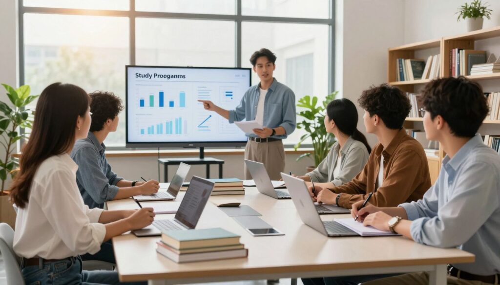 A professional academic setting featuring a diverse group of students engaged in discussion about study programs and career paths, seated around a modern conference table stacked with books and laptops. In the foreground, a young woman takes notes while listening intently, dressed in smart casual attire. The middle ground shows a young man presenting on a digital screen, with various graphs and charts illustrating study programs. In the background, large windows let in warm, natural light, creating a bright and inviting atmosphere. The room is equipped with shelves filled with educational materials and plants that add a touch of greenery, conveying a mood of collaboration and focused ambition in the pursuit of future job opportunities. A professional academic setting featuring a diverse group of students engaged in discussion about study programs and career paths, seated around a modern conference table stacked with books and laptops. In the foreground, a young woman takes notes while listening intently, dressed in smart casual attire. The middle ground shows a young man presenting on a digital screen, with various graphs and charts illustrating study programs. In the background, large windows let in warm, natural light, creating a bright and inviting atmosphere. The room is equipped with shelves filled with educational materials and plants that add a touch of greenery, conveying a mood of collaboration and focused ambition in the pursuit of future job opportunities.