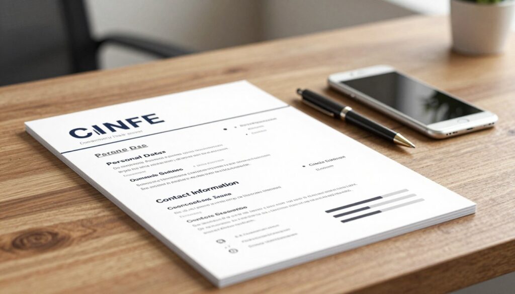 A professional and elegant scene displaying a modern CV layout focused on personal information and contact details. In the foreground, a neatly organized CV template lies on a wooden desk, showcasing clearly labeled sections such as 'Personal Data' and 'Contact Information'. The text appears as placeholders, with clean fonts and a professional design. In the middle ground, a stylish pen and a smartphone are placed beside the CV, suggesting a sense of preparation for a job application. The background features a softly blurred office environment with warm lighting, highlighting a sense of productivity and professionalism. The mood is sophisticated and inspiring, aimed at motivating job seekers to craft their CVs thoughtfully. Use a natural perspective, reminiscent of a casual workplace snapshot. A professional and elegant scene displaying a modern CV layout focused on personal information and contact details. In the foreground, a neatly organized CV template lies on a wooden desk, showcasing clearly labeled sections such as 'Personal Data' and 'Contact Information'. The text appears as placeholders, with clean fonts and a professional design. In the middle ground, a stylish pen and a smartphone are placed beside the CV, suggesting a sense of preparation for a job application. The background features a softly blurred office environment with warm lighting, highlighting a sense of productivity and professionalism. The mood is sophisticated and inspiring, aimed at motivating job seekers to craft their CVs thoughtfully. Use a natural perspective, reminiscent of a casual workplace snapshot.