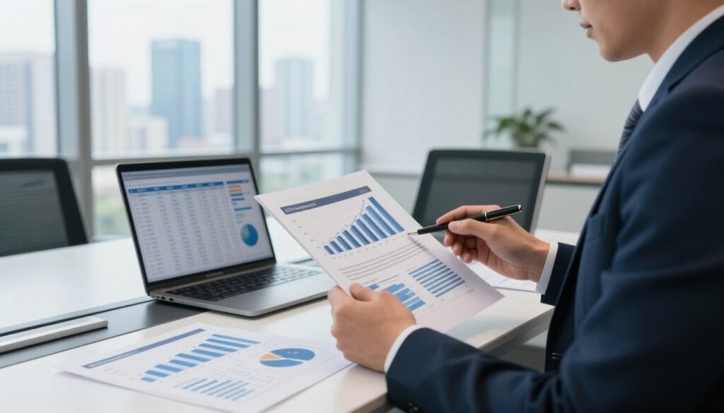 A professional and modern office environment featuring a CFO figure in the foreground, dressed in formal business attire, holding financial reports and analyzing graphs on a digital tablet. In the middle, a sleek conference table with diverse financial documents, charts, and a laptop displaying salary analysis data. The background should show large windows with a cityscape view, filled with skyscrapers under bright daylight. The atmosphere is serious yet optimistic, emphasizing financial growth and strategic decision-making. Soft, natural lighting highlights the scene, with a focus on realistic textures and a clean, organized workspace. The image should evoke professionalism and clarity, reflecting the complexities of CFO compensation factors, such as experience, industry, and company performance.