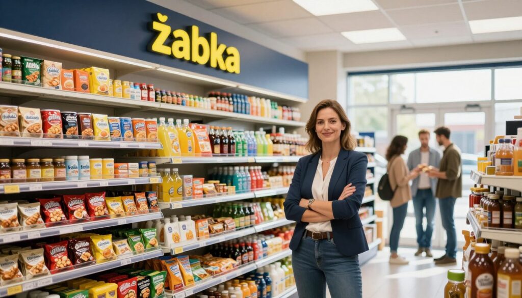 A professional and visually appealing scene showing a successful Żabka franchise store. In the foreground, a confident franchise owner dressed in smart casual attire stands proudly beside a well-stocked convenience store with Żabka branding. The middle features shelves filled with diverse products like snacks, drinks, and groceries, showcasing the variety offered to customers. In the background, a few satisfied customers can be seen shopping, creating a lively atmosphere. The lighting is bright and inviting, simulating daylight pouring through the store window. The angle captures the breadth of the store, emphasizing both the owner’s pride and the inviting nature of the store. The overall mood is positive, reflecting success and community engagement. A professional and visually appealing scene showing a successful Żabka franchise store. In the foreground, a confident franchise owner dressed in smart casual attire stands proudly beside a well-stocked convenience store with Żabka branding. The middle features shelves filled with diverse products like snacks, drinks, and groceries, showcasing the variety offered to customers. In the background, a few satisfied customers can be seen shopping, creating a lively atmosphere. The lighting is bright and inviting, simulating daylight pouring through the store window. The angle captures the breadth of the store, emphasizing both the owner’s pride and the inviting nature of the store. The overall mood is positive, reflecting success and community engagement.