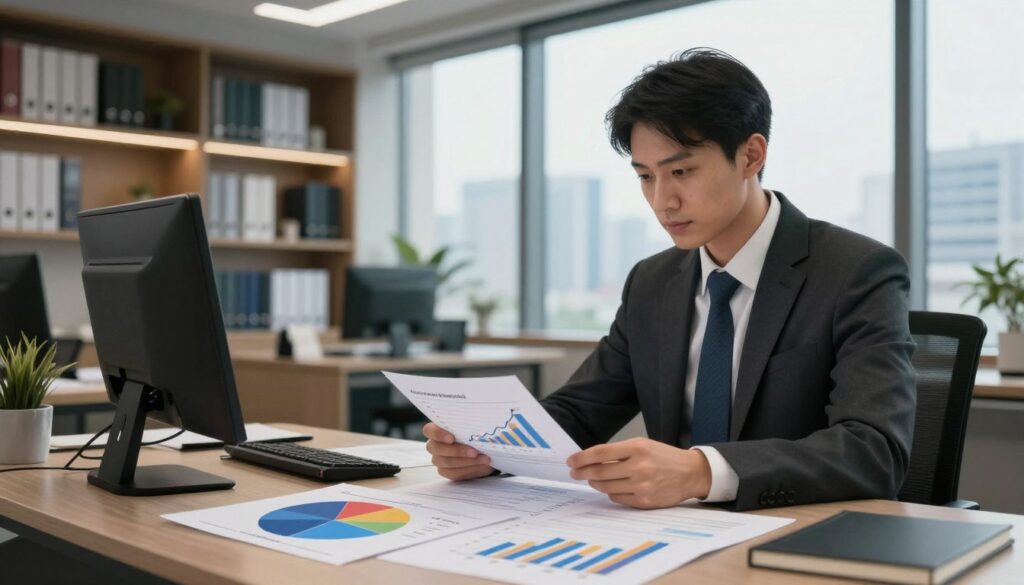 A professional auditor in business attire, depicted in a modern office setting, examining financial documents on a sleek desk. In the foreground, a pie chart and bar graph showing earnings based on experience levels are visible, symbolizing the varying salaries of auditors. The middle ground features an elegant office environment, complete with a large window, letting in soft, natural light. In the background, shelves lined with financial books and a large cityscape view can be seen, creating an atmosphere of professionalism and success. The lighting is warm and inviting, enhancing the focus on the auditor's concentration and determination. The overall mood is one of ambition and achievement, reflecting the theme of salary growth in the auditing profession. A professional auditor in business attire, depicted in a modern office setting, examining financial documents on a sleek desk. In the foreground, a pie chart and bar graph showing earnings based on experience levels are visible, symbolizing the varying salaries of auditors. The middle ground features an elegant office environment, complete with a large window, letting in soft, natural light. In the background, shelves lined with financial books and a large cityscape view can be seen, creating an atmosphere of professionalism and success. The lighting is warm and inviting, enhancing the focus on the auditor's concentration and determination. The overall mood is one of ambition and achievement, reflecting the theme of salary growth in the auditing profession.
