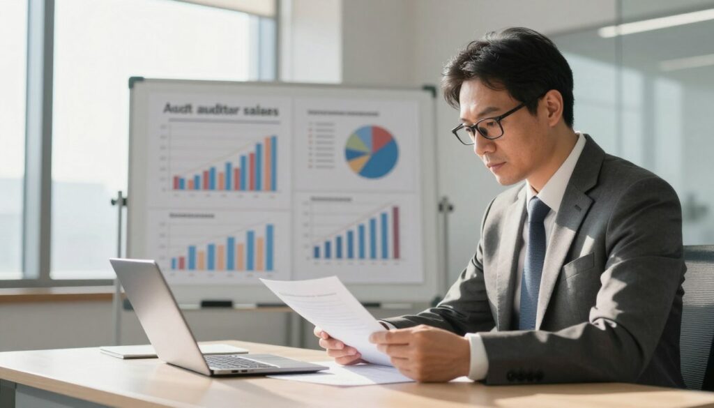 A professional auditor's office, featuring a well-dressed auditor reviewing financial documents at a sleek desk in the foreground. The auditor is a middle-aged individual with a focused expression, wearing a tailored suit and glasses. In the middle plane, a whiteboard filled with charts and graphs illustrates factors influencing auditor salaries, such as experience, specialization, and demand in the market. In the background, large windows allow natural light to flood the room, creating a bright and engaging atmosphere. The lighting is soft and warm, with shadows that add depth. The angle is slightly elevated, providing a comprehensive view of the scene, conveying professionalism and dynamic growth opportunities in the auditing profession. A professional auditor's office, featuring a well-dressed auditor reviewing financial documents at a sleek desk in the foreground. The auditor is a middle-aged individual with a focused expression, wearing a tailored suit and glasses. In the middle plane, a whiteboard filled with charts and graphs illustrates factors influencing auditor salaries, such as experience, specialization, and demand in the market. In the background, large windows allow natural light to flood the room, creating a bright and engaging atmosphere. The lighting is soft and warm, with shadows that add depth. The angle is slightly elevated, providing a comprehensive view of the scene, conveying professionalism and dynamic growth opportunities in the auditing profession.