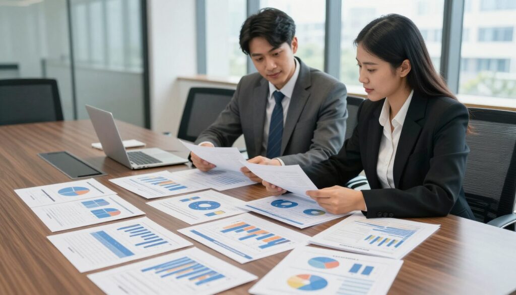 A professional business setting showcasing various financial reports on a large conference table. In the foreground, meticulously arranged financial documents, charts, and graphs highlight public company data. The middle ground features two individuals in formal business attire—a man and a woman—reviewing the documents with focused expressions, symbolizing analysis and decision-making. In the background, a modern office with large windows allows natural light to illuminate the space, enhancing a sense of transparency and openness. The mood is serious yet optimistic, reflecting the importance of financial data in business decisions. Capture the image from a slightly elevated angle to provide a comprehensive view of the scene, with soft lighting to maintain clarity without harsh shadows. A professional business setting showcasing various financial reports on a large conference table. In the foreground, meticulously arranged financial documents, charts, and graphs highlight public company data. The middle ground features two individuals in formal business attire—a man and a woman—reviewing the documents with focused expressions, symbolizing analysis and decision-making. In the background, a modern office with large windows allows natural light to illuminate the space, enhancing a sense of transparency and openness. The mood is serious yet optimistic, reflecting the importance of financial data in business decisions. Capture the image from a slightly elevated angle to provide a comprehensive view of the scene, with soft lighting to maintain clarity without harsh shadows.