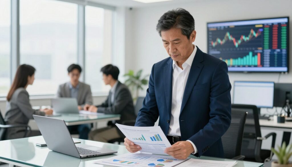 A professional financial director stands confidently in a modern office environment, surrounded by financial reports, charts, and digital screens displaying stock market data. The foreground features the director, a middle-aged individual wearing a tailored navy blue suit and a crisp white shirt, intently analyzing a financial document. The middle ground shows sleek glass desks with laptops open, and colleagues engaged in discussions. In the background, large windows allow natural light to flood the room, creating a bright and focused atmosphere. The mood is serious yet inspiring, reflecting the importance of strategic decision-making in financial management. The composition captures an essence of professionalism and expertise in the finance sector.