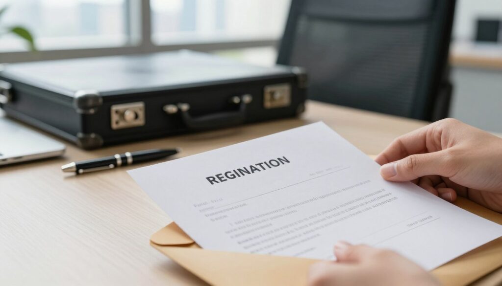 A professional office desk setting, featuring a neatly arranged workspace. In the foreground, a close-up view of a resignation letter being carefully placed in a brown envelope, written in elegant handwriting. The middle ground includes a formal briefcase and a pen lying beside the letter, hinting at the professionalism of the task. In the background, softly blurred, a window reveals a city skyline under bright, natural light, suggesting productivity and clarity. The atmosphere is calm and focused, embodying a sense of resolution and professionalism in handling termination process. The image captures the essence of preparing and delivering a resignation notice with attention to detail, ideal for illustrating the concept of proper termination procedures in the workplace. A professional office desk setting, featuring a neatly arranged workspace. In the foreground, a close-up view of a resignation letter being carefully placed in a brown envelope, written in elegant handwriting. The middle ground includes a formal briefcase and a pen lying beside the letter, hinting at the professionalism of the task. In the background, softly blurred, a window reveals a city skyline under bright, natural light, suggesting productivity and clarity. The atmosphere is calm and focused, embodying a sense of resolution and professionalism in handling termination process. The image captures the essence of preparing and delivering a resignation notice with attention to detail, ideal for illustrating the concept of proper termination procedures in the workplace.