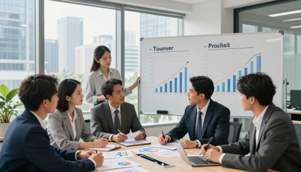 A professional office environment depicting the relationship between business turnover, revenue, and profit. In the foreground, a diverse group of individuals in business attire is engaged in a discussion around a conference table, analyzing colorful charts and graphs. The middle layer features a large whiteboard filled with calculations illustrating turnover, income, profit, and operational costs. In the background, glass windows showcase a bustling cityscape, symbolizing a thriving economy. Soft natural light streams in, creating a bright, optimistic atmosphere. The angle should be slightly elevated to capture all elements of the scene, focusing on collaboration and strategy in a modern corporate setting. A professional office environment depicting the relationship between business turnover, revenue, and profit. In the foreground, a diverse group of individuals in business attire is engaged in a discussion around a conference table, analyzing colorful charts and graphs. The middle layer features a large whiteboard filled with calculations illustrating turnover, income, profit, and operational costs. In the background, glass windows showcase a bustling cityscape, symbolizing a thriving economy. Soft natural light streams in, creating a bright, optimistic atmosphere. The angle should be slightly elevated to capture all elements of the scene, focusing on collaboration and strategy in a modern corporate setting.