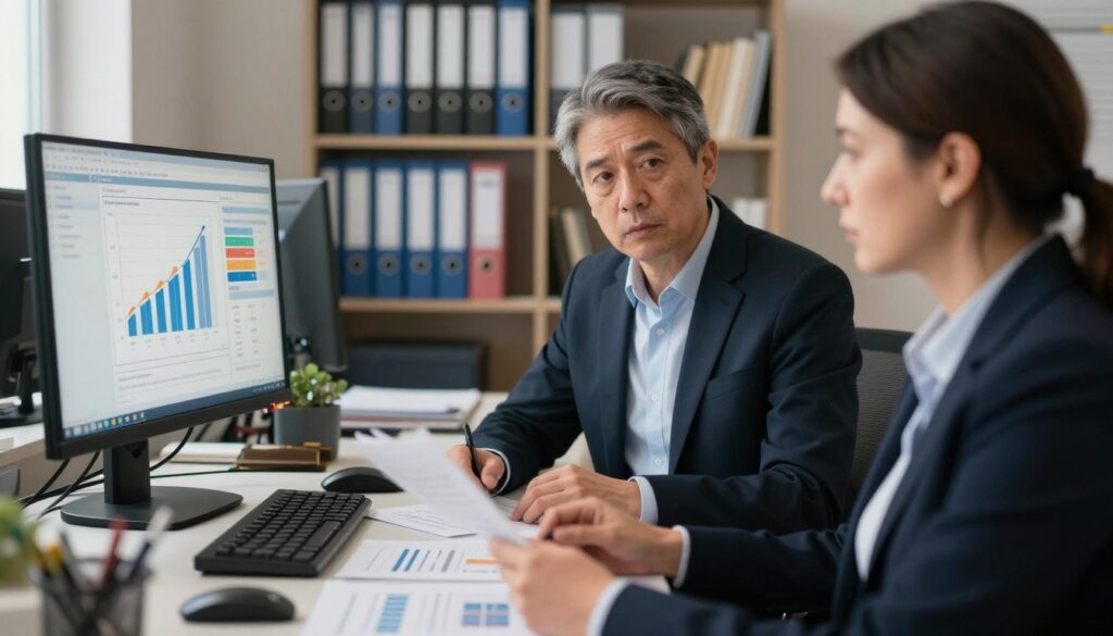 A professional office environment illustrating the evaluation of work conditions by ZUS. In the foreground, a middle-aged male and female professional, dressed in business attire, are engaged in a serious discussion around a desk laden with documents and charts. The middle layer features a large monitor displaying graphs related to labor conditions and safety ratings. In the background, shelves filled with folders and bookshelves reflect the organized workspace. Soft, warm lighting fills the room, accentuating the focus on the professionals' expressions. A close-up angle captures the intensity of their conversation. The mood is serious and contemplative, emphasizing the importance of evaluating work in special conditions, while maintaining a professional atmosphere throughout the setting. A professional office environment illustrating the evaluation of work conditions by ZUS. In the foreground, a middle-aged male and female professional, dressed in business attire, are engaged in a serious discussion around a desk laden with documents and charts. The middle layer features a large monitor displaying graphs related to labor conditions and safety ratings. In the background, shelves filled with folders and bookshelves reflect the organized workspace. Soft, warm lighting fills the room, accentuating the focus on the professionals' expressions. A close-up angle captures the intensity of their conversation. The mood is serious and contemplative, emphasizing the importance of evaluating work in special conditions, while maintaining a professional atmosphere throughout the setting.