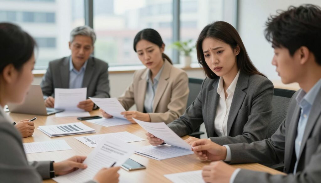 A professional office environment showcasing a diverse group of employees engaged in a discussion about workers' rights during the notice period. In the foreground, two individuals in professional business attire, one male and one female, are reviewing documents with concerned expressions. The middle ground features a conference table with brochures about employee rights, while the background shows a glass window with a cityscape view, hinting at a bustling workplace. Soft, natural lighting fills the room, creating a warm atmosphere. The camera angle is slightly elevated, capturing a balanced view of the group and their discussion. The overall mood is serious yet hopeful, emphasizing the importance of understanding employee rights during the termination process. A professional office environment showcasing a diverse group of employees engaged in a discussion about workers' rights during the notice period. In the foreground, two individuals in professional business attire, one male and one female, are reviewing documents with concerned expressions. The middle ground features a conference table with brochures about employee rights, while the background shows a glass window with a cityscape view, hinting at a bustling workplace. Soft, natural lighting fills the room, creating a warm atmosphere. The camera angle is slightly elevated, capturing a balanced view of the group and their discussion. The overall mood is serious yet hopeful, emphasizing the importance of understanding employee rights during the termination process.