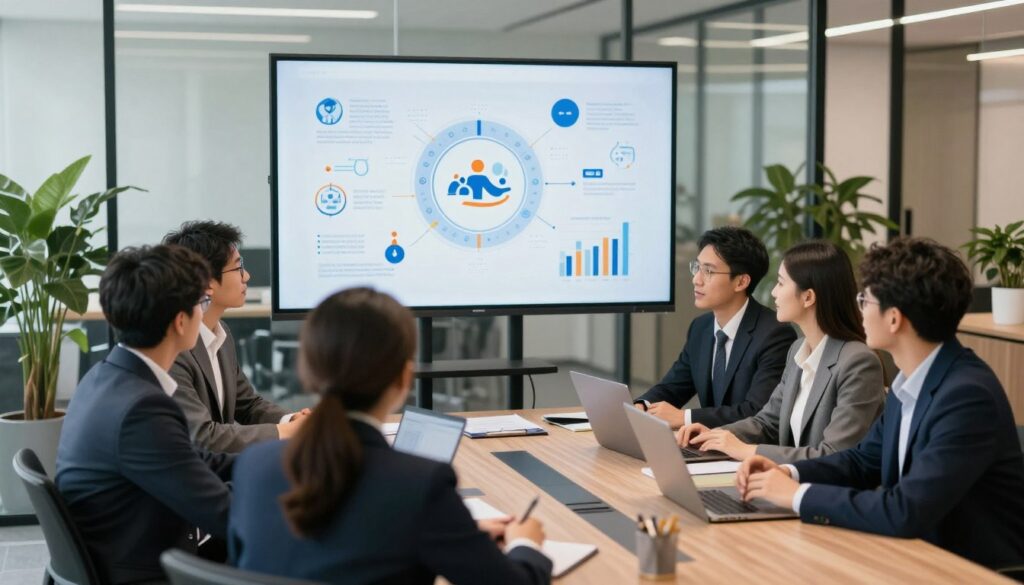 A professional office environment showcasing the theme of "skills and professional experience". In the foreground, a diverse group of business professionals engaged in a collaborative discussion, dressed in smart business attire, emphasizing teamwork and communication. In the middle, a large digital screen displays various skills and competencies represented through icons and visuals, creating a dynamic visual flow. In the background, a modern office with glass walls and potted plants, bathed in soft, natural lighting that enhances an inviting and productive atmosphere. The mood is focused and inspiring, encouraging creativity and professionalism. The angle captures the team from a slightly elevated perspective, highlighting the interaction and engagement among the professionals, while maintaining a clear emphasis on their collaboration and shared expertise. A professional office environment showcasing the theme of "skills and professional experience". In the foreground, a diverse group of business professionals engaged in a collaborative discussion, dressed in smart business attire, emphasizing teamwork and communication. In the middle, a large digital screen displays various skills and competencies represented through icons and visuals, creating a dynamic visual flow. In the background, a modern office with glass walls and potted plants, bathed in soft, natural lighting that enhances an inviting and productive atmosphere. The mood is focused and inspiring, encouraging creativity and professionalism. The angle captures the team from a slightly elevated perspective, highlighting the interaction and engagement among the professionals, while maintaining a clear emphasis on their collaboration and shared expertise.