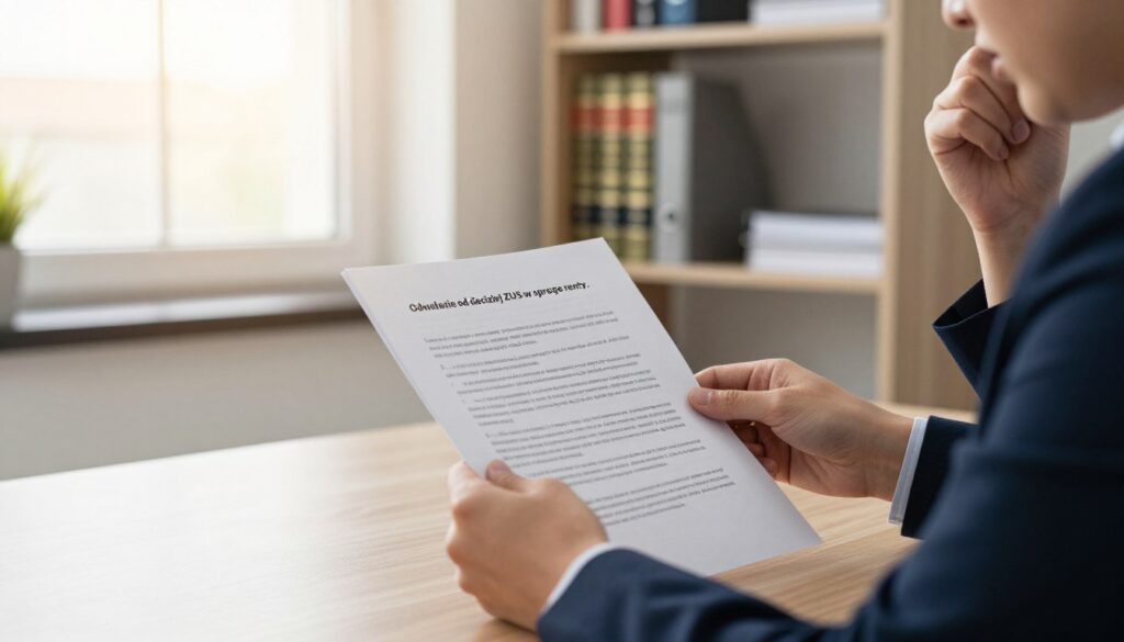 A professional office setting depicted in the foreground, featuring a desk with an open legal document bearing the title "Odwołanie od decyzji ZUS w sprawie renty." A pair of hands, belonging to a business-attired individual, calmly reviewing the document, showcasing concern yet determination. In the middle ground, a soft-focused window lets in warm, natural light, creating a sense of hope. A bookshelf filled with legal texts and reference materials provides context and depth. The background shows a minimalist, organized office ambiance, symbolizing readiness and professionalism. The atmosphere conveys a serious yet hopeful tone, emphasizing the importance of taking decisive action against a decision. Use soft lighting to create a warm, inviting feel that supports the scene’s intent.