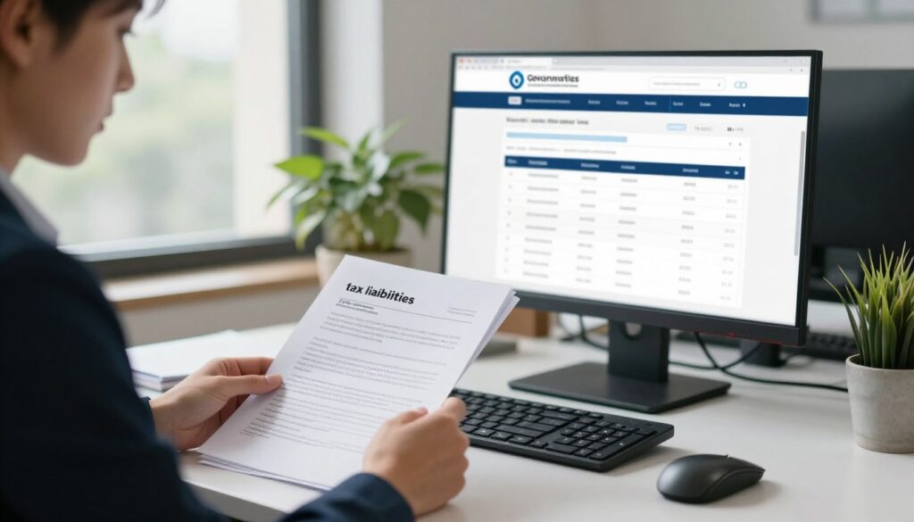 A professional office setting depicting a corporate accountant reviewing financial documents related to tax liabilities owed to the tax office and social security institution. In the foreground, a focused individual in business attire is seated at a desk, analyzing a stack of official paperwork, with papers labeled "tax liabilities" and "ZUS contributions" clearly visible. In the middle, a computer screen shows a web interface displaying tax information and government logos, reflecting a modern workspace. The background features a large window with natural light streaming in, casting soft shadows, and some potted plants for a fresh atmosphere. The scene conveys a mood of professionalism and diligence, emphasizing the importance of checking financial obligations. A professional office setting depicting a corporate accountant reviewing financial documents related to tax liabilities owed to the tax office and social security institution. In the foreground, a focused individual in business attire is seated at a desk, analyzing a stack of official paperwork, with papers labeled "tax liabilities" and "ZUS contributions" clearly visible. In the middle, a computer screen shows a web interface displaying tax information and government logos, reflecting a modern workspace. The background features a large window with natural light streaming in, casting soft shadows, and some potted plants for a fresh atmosphere. The scene conveys a mood of professionalism and diligence, emphasizing the importance of checking financial obligations.