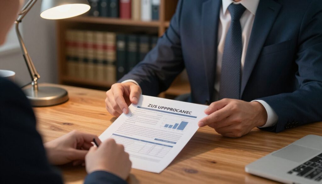 A professional office setting depicting a financial advisor and a client sitting across a polished wooden desk, engaged in a serious discussion. In the foreground, the advisor, dressed in a tailored suit, gestures towards a document highlighted by soft, warm lighting emanating from a desk lamp. The middle layer features a close-up of the documents, clearly displaying charts and figures related to ZUS compensation approval. In the background, bookshelves lined with law and finance books emphasize a knowledgeable atmosphere. The overall mood is one of concentration and professionalism, symbolizing the transition from ZUS decisions to receiving benefits. The image should balance realism and clarity, encouraging an understanding of the compensation process. A professional office setting depicting a financial advisor and a client sitting across a polished wooden desk, engaged in a serious discussion. In the foreground, the advisor, dressed in a tailored suit, gestures towards a document highlighted by soft, warm lighting emanating from a desk lamp. The middle layer features a close-up of the documents, clearly displaying charts and figures related to ZUS compensation approval. In the background, bookshelves lined with law and finance books emphasize a knowledgeable atmosphere. The overall mood is one of concentration and professionalism, symbolizing the transition from ZUS decisions to receiving benefits. The image should balance realism and clarity, encouraging an understanding of the compensation process.