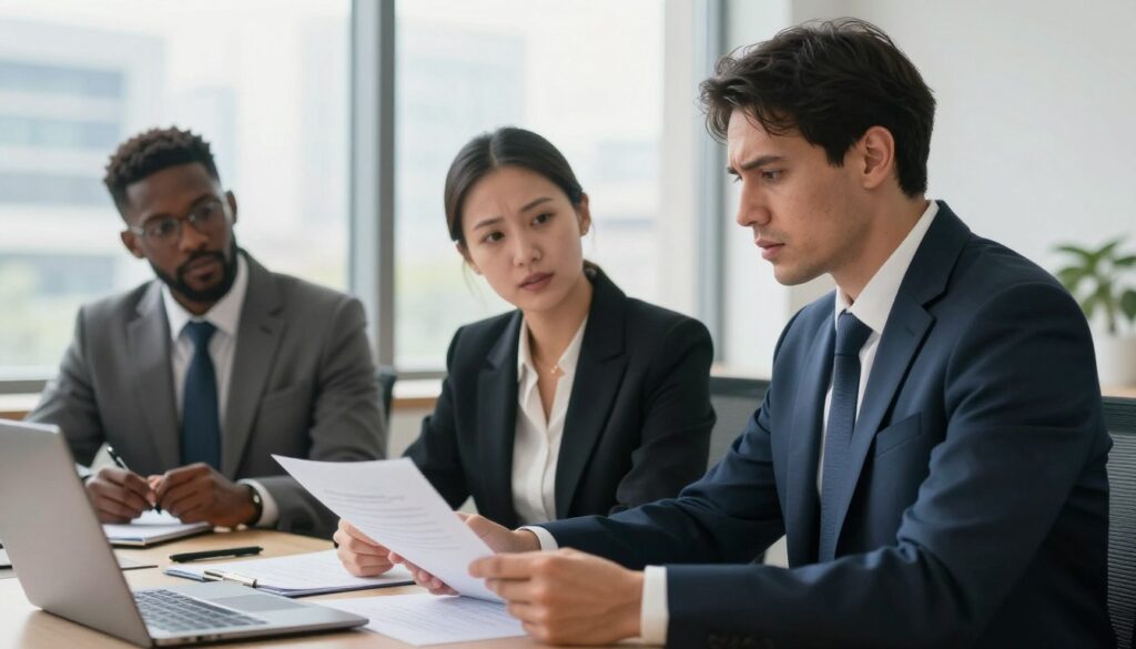 A professional office setting during a meeting, focusing on a group of four diverse business professionals discussing a recent workplace accident compensation case. In the foreground, a Caucasian male attorney in a suit presents documents on a desk, with a concerned expression. In the middle, a female employee in business attire listens intently, while an African American male HR representative takes notes. In the background, a window shows a cityscape during the day, emphasizing a bright and optimistic atmosphere. The lighting is soft and warm, creating a professional yet approachable mood. The angle captures the diverse group, highlighting their engagement in a serious conversation about workplace accident benefits, without any text or distractions. A professional office setting during a meeting, focusing on a group of four diverse business professionals discussing a recent workplace accident compensation case. In the foreground, a Caucasian male attorney in a suit presents documents on a desk, with a concerned expression. In the middle, a female employee in business attire listens intently, while an African American male HR representative takes notes. In the background, a window shows a cityscape during the day, emphasizing a bright and optimistic atmosphere. The lighting is soft and warm, creating a professional yet approachable mood. The angle captures the diverse group, highlighting their engagement in a serious conversation about workplace accident benefits, without any text or distractions.