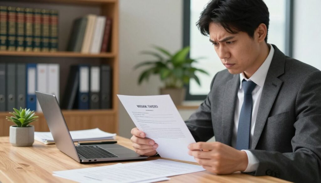 A professional office setting featuring a concerned employee examining a work certificate with visible errors. In the foreground, the employee, dressed in smart business attire, holds the document with furrowed brows. In the middle ground, a wooden desk is cluttered with papers and a laptop, emphasizing the urgency of the situation. The background shows a well-lit office with bookshelves filled with legal and human resources books, a potted plant for a touch of greenery, and a window letting in natural light, creating a calm yet tense atmosphere. The lighting is soft and warm, casting gentle shadows, enhancing the sense of professionalism and seriousness of correcting work certificate errors.