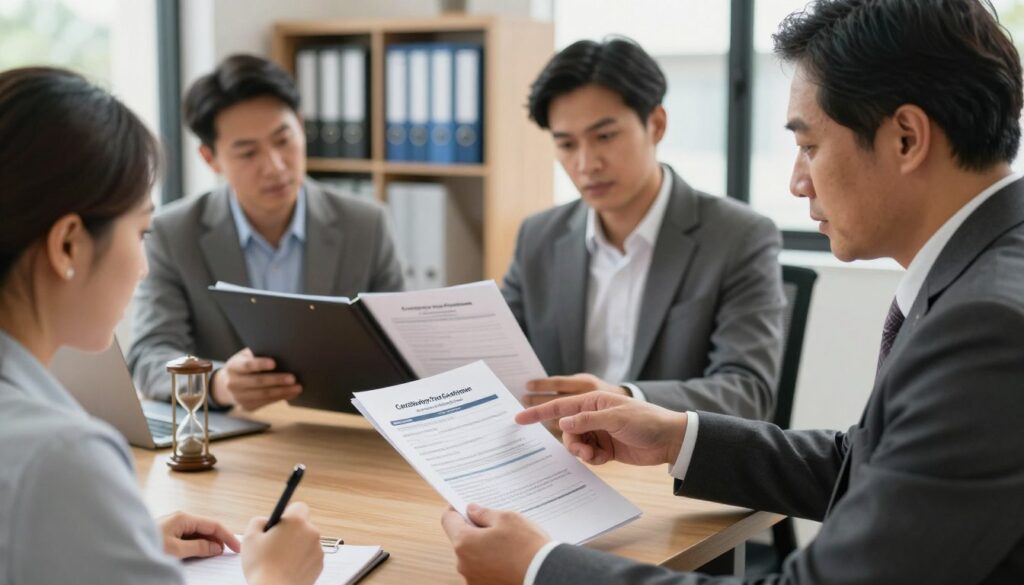 A professional office setting featuring a diverse group of individuals engaged in a discussion about pension documentation. In the foreground, a middle-aged man in a suit is pointing at a detailed document labeled "Contribution Period Confirmation" while a woman in business attire takes notes attentively. In the middle ground, two other colleagues are examining a large folder filled with papers indicating their significance to confirming contribution and non-contribution periods. The background shows shelves filled with files, an hourglass on a desk, and natural light filtering through large windows, creating a warm, focused atmosphere. The scene conveys a sense of collaboration and professionalism, emphasizing the importance of accurate documentation in the pension application process.