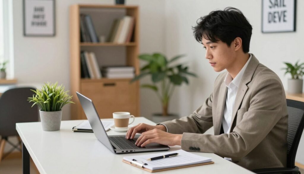 A professional office setting, featuring a young adult sitting at a clean, modern desk with a laptop, focused on writing a CV summary without prior work experience. The foreground shows the person, dressed in business casual attire, intently typing, with a notepad and pen nearby. In the middle ground, a potted plant and a cup of coffee add warmth to the workspace. The background showcases a light-filled office with bookshelves and framed motivational quotes on the walls, conveying a sense of ambition and professionalism. The lighting is soft and natural, enhancing the inviting atmosphere, while the angle captures both the individual and the workspace harmoniously, inspiring hope and determination in career development. A professional office setting, featuring a young adult sitting at a clean, modern desk with a laptop, focused on writing a CV summary without prior work experience. The foreground shows the person, dressed in business casual attire, intently typing, with a notepad and pen nearby. In the middle ground, a potted plant and a cup of coffee add warmth to the workspace. The background showcases a light-filled office with bookshelves and framed motivational quotes on the walls, conveying a sense of ambition and professionalism. The lighting is soft and natural, enhancing the inviting atmosphere, while the angle captures both the individual and the workspace harmoniously, inspiring hope and determination in career development.