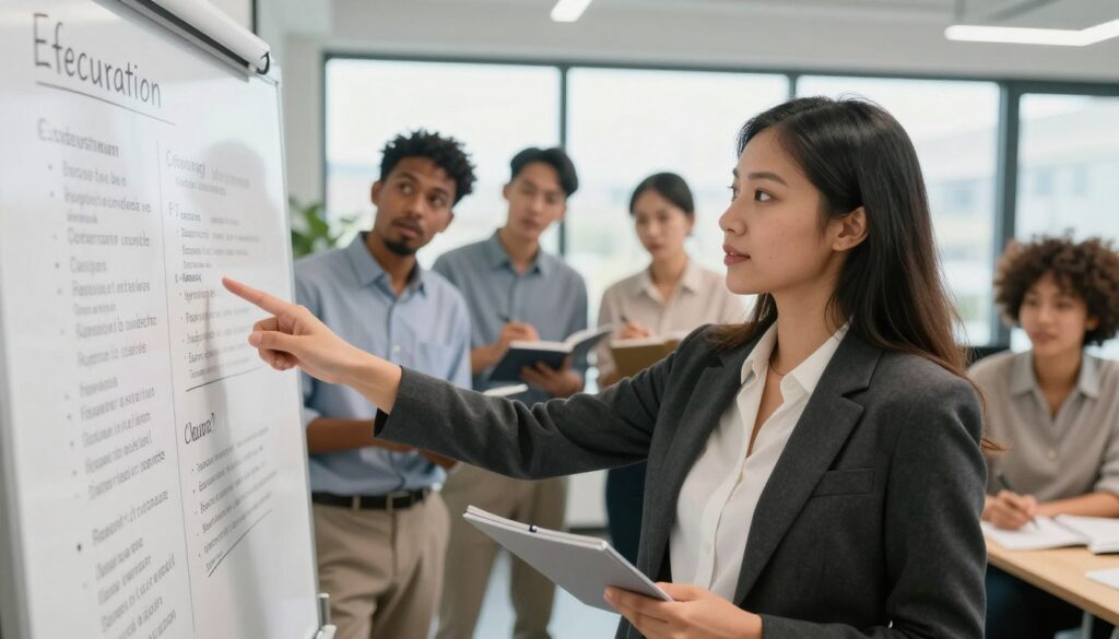 A professional office setting, showcasing a diverse group of individuals engaged in a collaborative brainstorming session about writing effective CV descriptions. In the foreground, a confident young woman in business attire points at a whiteboard filled with well-structured bullet points and keywords for CV descriptions. The middle ground features a diverse group of colleagues, including both men and women of various ethnicities, taking notes and discussing ideas with enthusiasm. The background depicts a bright, modern office with large windows letting in natural light, creating a warm, inviting atmosphere. Focus on clear facial expressions and dynamic gestures that reflect engagement and professionalism. The overall mood should inspire creativity and teamwork, emphasizing the importance of impactful self-description in a CV. A professional office setting, showcasing a diverse group of individuals engaged in a collaborative brainstorming session about writing effective CV descriptions. In the foreground, a confident young woman in business attire points at a whiteboard filled with well-structured bullet points and keywords for CV descriptions. The middle ground features a diverse group of colleagues, including both men and women of various ethnicities, taking notes and discussing ideas with enthusiasm. The background depicts a bright, modern office with large windows letting in natural light, creating a warm, inviting atmosphere. Focus on clear facial expressions and dynamic gestures that reflect engagement and professionalism. The overall mood should inspire creativity and teamwork, emphasizing the importance of impactful self-description in a CV.