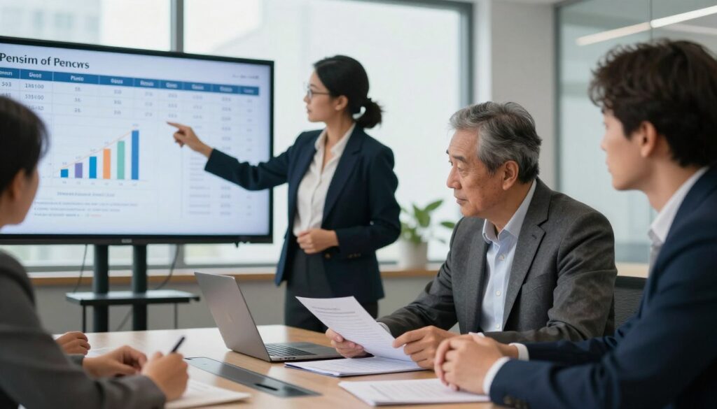 A professional office setting showcasing a group of diverse professionals engaged in a discussion around calculating pension adjustments for harmful working conditions. In the foreground, a middle-aged man in a suit is attentively analyzing documents at a sleek conference table. Next to him, a focused woman in business attire gestures toward a large screen displaying graphs and tables related to pension calculations. In the background, soft lighting enhances the atmosphere of collaboration, with a large window providing natural light that casts gentle shadows. The mood is serious yet optimistic, reflecting the importance of financial security for workers exposed to hazardous conditions. The image captures a moment of teamwork and expertise, devoid of any text or distractions. A professional office setting showcasing a group of diverse professionals engaged in a discussion around calculating pension adjustments for harmful working conditions. In the foreground, a middle-aged man in a suit is attentively analyzing documents at a sleek conference table. Next to him, a focused woman in business attire gestures toward a large screen displaying graphs and tables related to pension calculations. In the background, soft lighting enhances the atmosphere of collaboration, with a large window providing natural light that casts gentle shadows. The mood is serious yet optimistic, reflecting the importance of financial security for workers exposed to hazardous conditions. The image captures a moment of teamwork and expertise, devoid of any text or distractions.