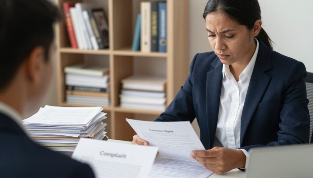 A professional office setting showcasing a thoughtful consumer preparing to file a complaint. In the foreground, a diverse individual dressed in smart business attire is sitting at a desk, reviewing paperwork with focused determination. The middle layer features a neatly organized desk cluttered with documents labeled "Complaint" and "Consumer Rights." In the background, a bookshelf filled with legal books and consumer protection resources adds context. Soft, warm lighting creates a welcoming and serious atmosphere, with a slight depth of field effect emphasizing the consumer. The angle captures the seriousness of the task at hand, highlighting the importance of seeking help from UOKiK and the consumer advocate. A professional office setting showcasing a thoughtful consumer preparing to file a complaint. In the foreground, a diverse individual dressed in smart business attire is sitting at a desk, reviewing paperwork with focused determination. The middle layer features a neatly organized desk cluttered with documents labeled "Complaint" and "Consumer Rights." In the background, a bookshelf filled with legal books and consumer protection resources adds context. Soft, warm lighting creates a welcoming and serious atmosphere, with a slight depth of field effect emphasizing the consumer. The angle captures the seriousness of the task at hand, highlighting the importance of seeking help from UOKiK and the consumer advocate.