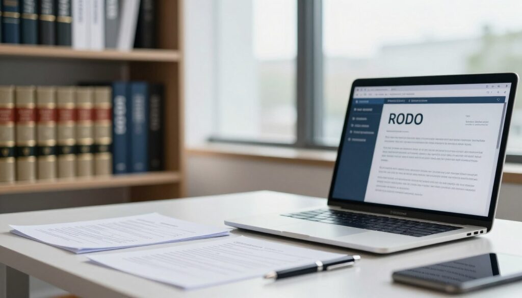 A professional office setting with a modern desk in the foreground, featuring a neat arrangement of documents, a laptop displaying a digital CV, and a sleek pen. In the middle ground, include a blurred bookshelf filled with legal books and business guides, subtly evoking themes of data protection and personal data processing. In the background, a large window reveals a bright daylight scene with soft reflections of the office environment. The atmosphere is serious yet calm, symbolizing the importance of RODO compliance. Use soft, natural lighting to enhance the professional mood, with a shallow depth of field focusing on the desk elements, conveying a sense of clarity and focus on data privacy themes. A professional office setting with a modern desk in the foreground, featuring a neat arrangement of documents, a laptop displaying a digital CV, and a sleek pen. In the middle ground, include a blurred bookshelf filled with legal books and business guides, subtly evoking themes of data protection and personal data processing. In the background, a large window reveals a bright daylight scene with soft reflections of the office environment. The atmosphere is serious yet calm, symbolizing the importance of RODO compliance. Use soft, natural lighting to enhance the professional mood, with a shallow depth of field focusing on the desk elements, conveying a sense of clarity and focus on data privacy themes.