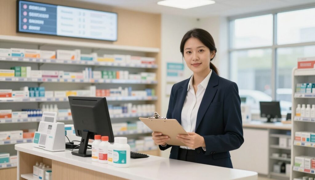 A professional pharmacy manager stands confidently in a well-organized pharmacy, dressed in a smart business attire, holding a clipboard. In the foreground, a sleek modern pharmacy counter is visible, adorned with medication displays and health products. The middle ground features shelves filled with pharmaceutical supplies and a digital sign showing various pharmacy services. In the background, soft lighting enhances the warm atmosphere, and a large window allows natural light to flood the space, giving a sense of openness. The mood is focused and professional, reflecting the importance of the pharmacy's role, while also highlighting the differences between chain pharmacies and independent ones. Capture the detail, depth, and clarity that emphasizes the managerial aspect of pharmacy work. A professional pharmacy manager stands confidently in a well-organized pharmacy, dressed in a smart business attire, holding a clipboard. In the foreground, a sleek modern pharmacy counter is visible, adorned with medication displays and health products. The middle ground features shelves filled with pharmaceutical supplies and a digital sign showing various pharmacy services. In the background, soft lighting enhances the warm atmosphere, and a large window allows natural light to flood the space, giving a sense of openness. The mood is focused and professional, reflecting the importance of the pharmacy's role, while also highlighting the differences between chain pharmacies and independent ones. Capture the detail, depth, and clarity that emphasizes the managerial aspect of pharmacy work.