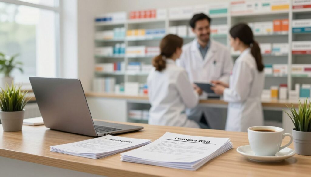 A professional pharmacy manager's workspace, showcasing a wooden desk neatly organized with a laptop, stacks of contracts labeled "Umowa o pracę" and "Umowa B2B", alongside a cup of coffee and a small plant. In the background, a well-stocked pharmacy with colorful medicine shelves and a friendly pharmacist assisting a customer. Soft, natural lighting illuminates the scene from a nearby window, creating a warm and inviting atmosphere. The focus is on the contracts and the workspace, with a shallow depth of field highlighting the text documents while the pharmacy remains slightly blurred. The mood is professional yet approachable, reflecting a dynamic work environment where important business decisions are made. A professional pharmacy manager's workspace, showcasing a wooden desk neatly organized with a laptop, stacks of contracts labeled "Umowa o pracę" and "Umowa B2B", alongside a cup of coffee and a small plant. In the background, a well-stocked pharmacy with colorful medicine shelves and a friendly pharmacist assisting a customer. Soft, natural lighting illuminates the scene from a nearby window, creating a warm and inviting atmosphere. The focus is on the contracts and the workspace, with a shallow depth of field highlighting the text documents while the pharmacy remains slightly blurred. The mood is professional yet approachable, reflecting a dynamic work environment where important business decisions are made.